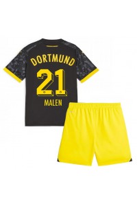 Borussia Dortmund Donyell Malen #21 Jalkapallovaatteet Lasten Vieraspeliasu 2023-24 Lyhythihainen (+ Lyhyet housut)